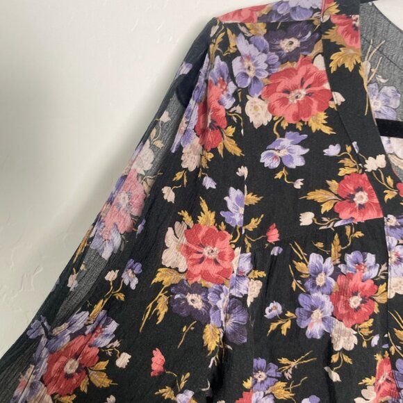 Peplum Top Floral V Neck Tie Drawstring Hipster Hippie Trendy Pullover Blouse - Picture 4 of 7